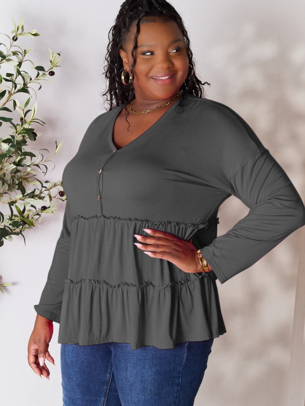 Double Take Half Button Long Sleeve Ruffle Hem Blouse | NWT | Under $50